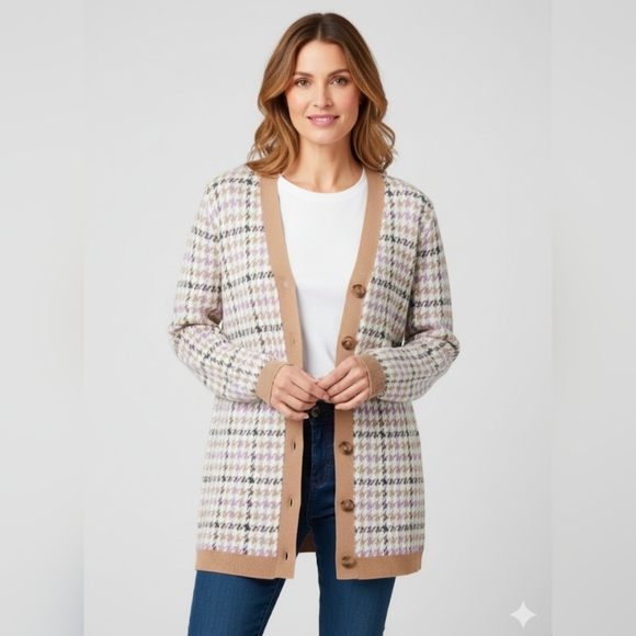 Ann Taylor Petite Boyfriend Houndstooth Long Cardigan Size Medium - Picture 1 of 11